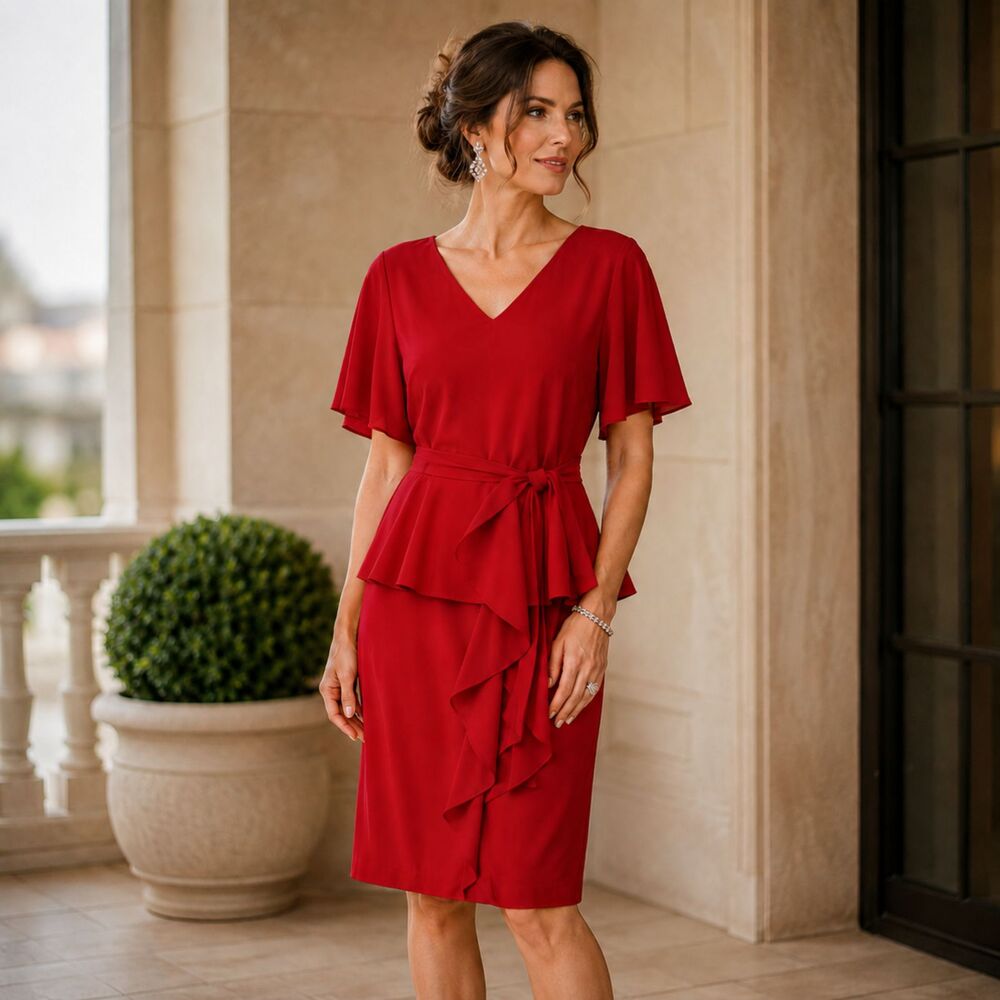 NWT Hanna Nikole Womens Red Midi Dress Ruffle Peplum Cocktail Holiday Party 18W